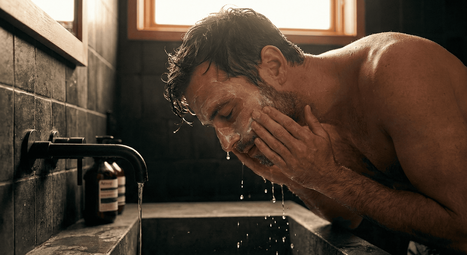 Man applying hydrating moisturizer to wet face in a dark brutalist bathroom. MENSOME Skin Recovery collection header image focused on barrier repair and deep hydration after grooming.
